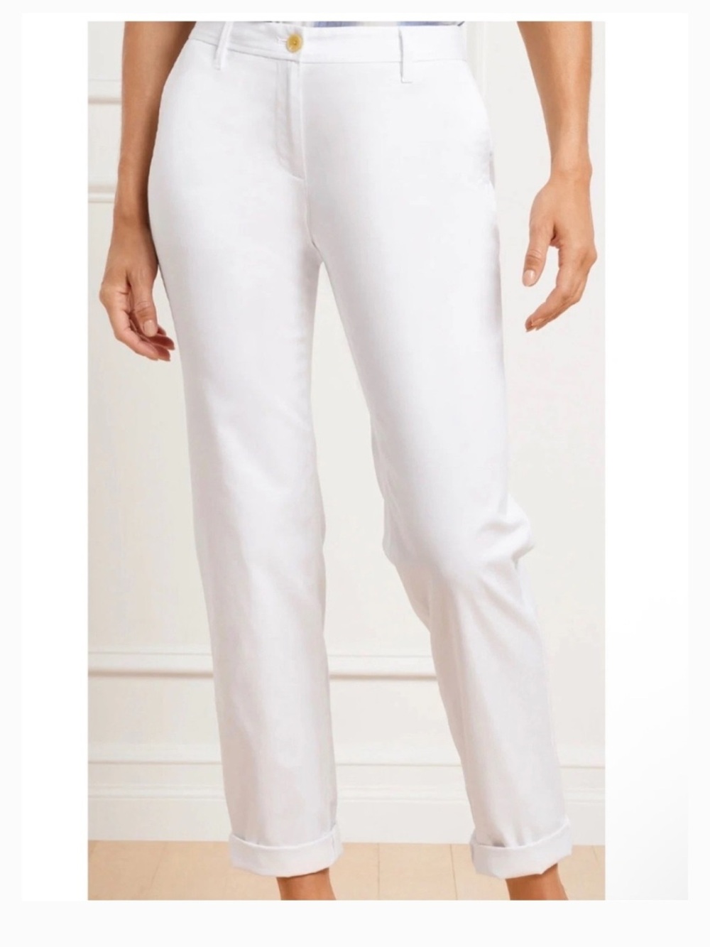 Talbots Relaxed Chino Pant Size 6 Petite White Rolled Hem Stretch Preppy Coastal